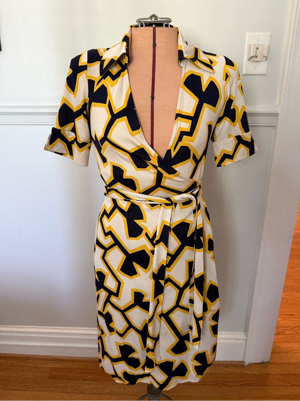 Diane Von Furstenberg Yellow, Black & White Geometric Wrap Dress